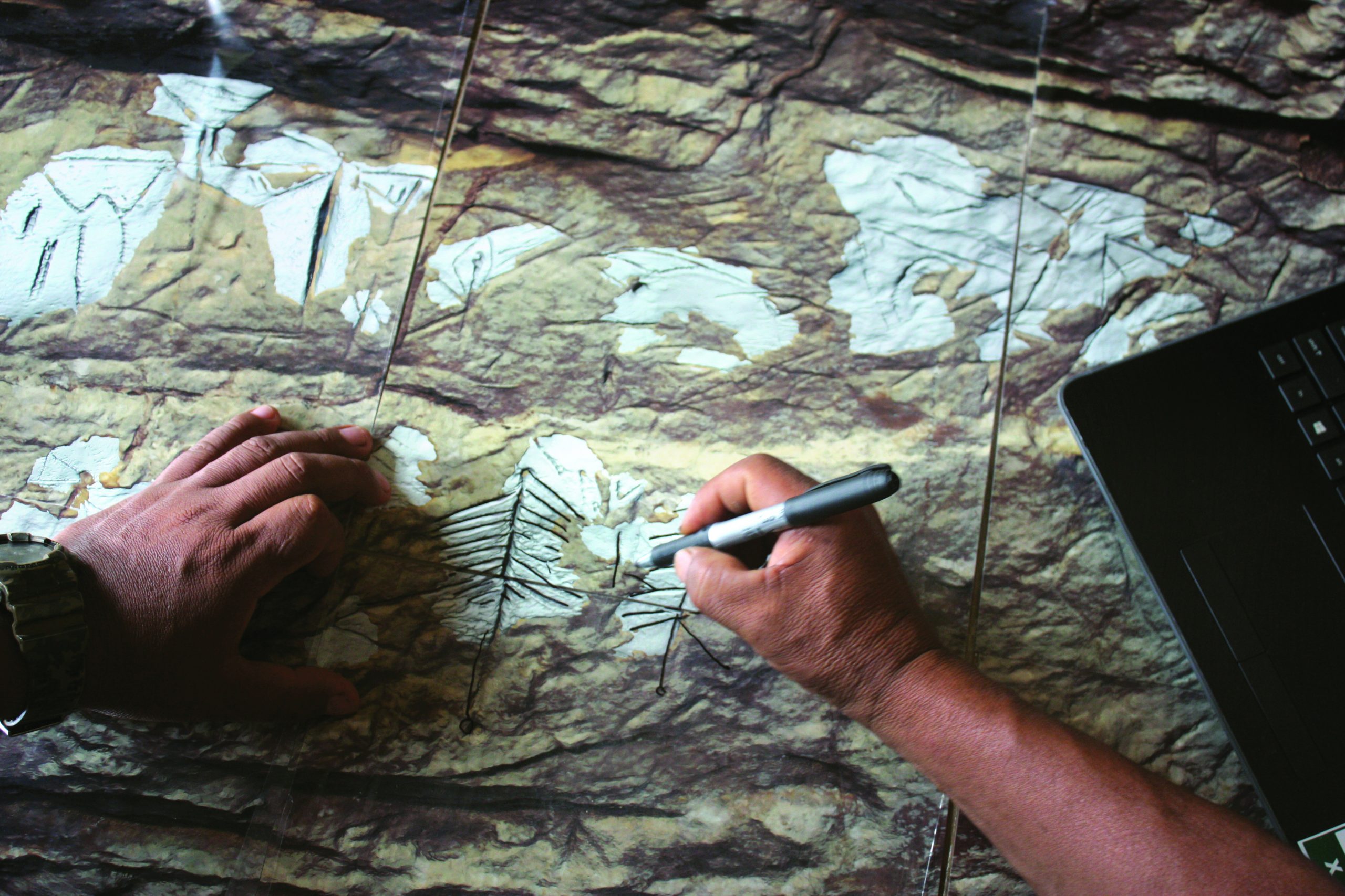 Técnicos recriando as as gravuras vandalizadas da gruta; (Foto: Factum Foundation)