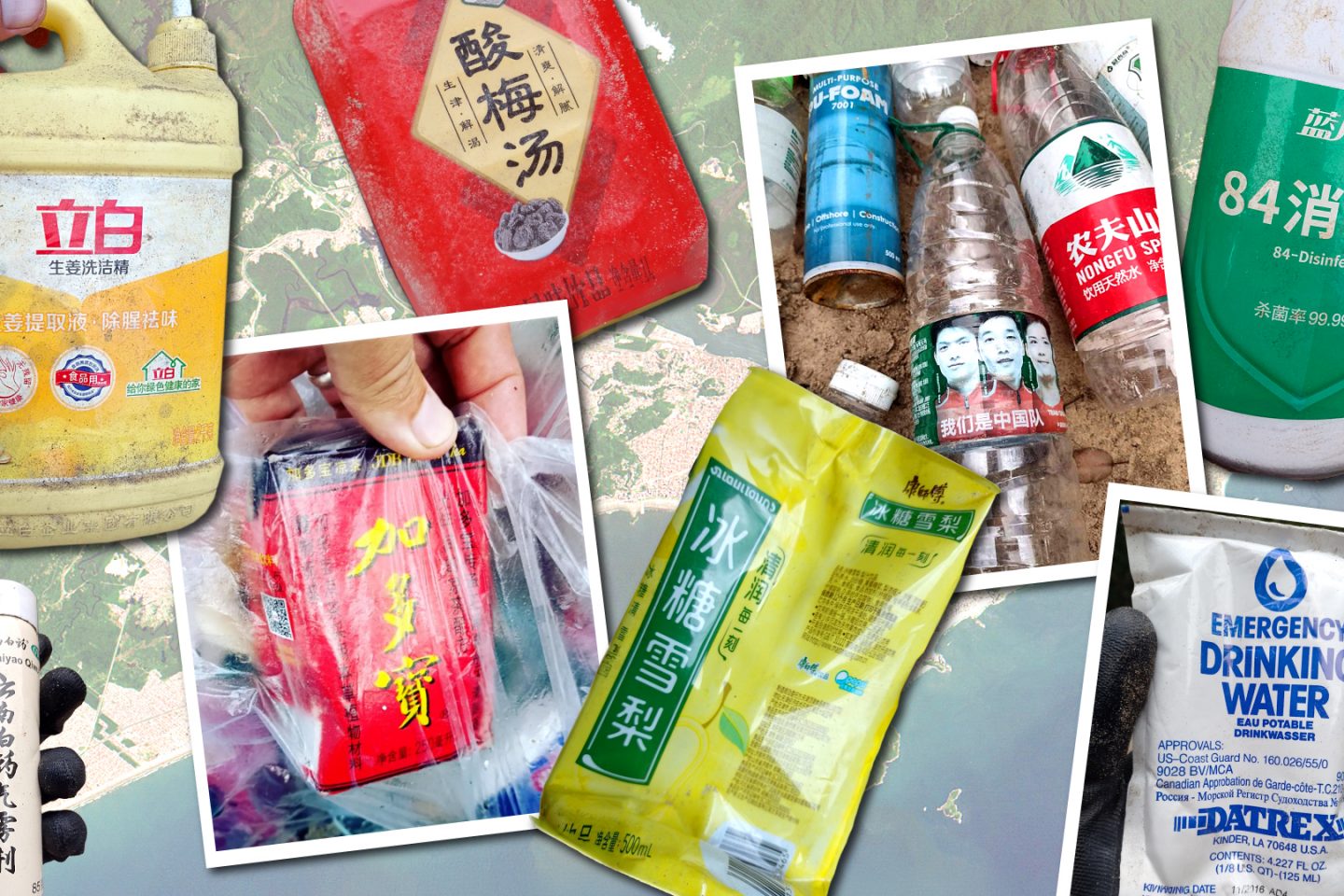 Entre junho de 2023 e fevereiro de 2024, a ONG Ecomov catalogou 1.200 diferentes tipos resíduos no mar de Santos. Fotos Ecomov, montagem Fernando Alvarus