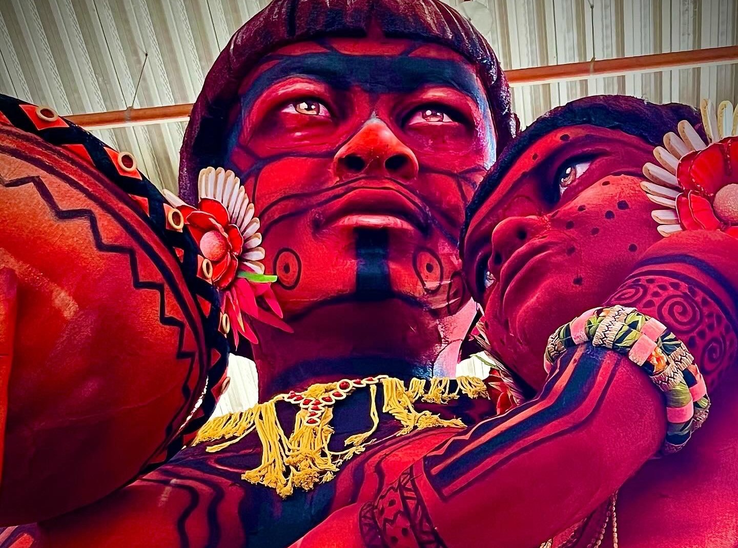 Alegoria com Yanomamis para o desfile do Salgueiro: refrão tem termo indígena - Ya temí xoa - que significa "ainda estamos vivos" mas ameaças à sobrevivência do povo permanecem um ano após operação do governo federal (Foto: Divulgação / Salgueiro)