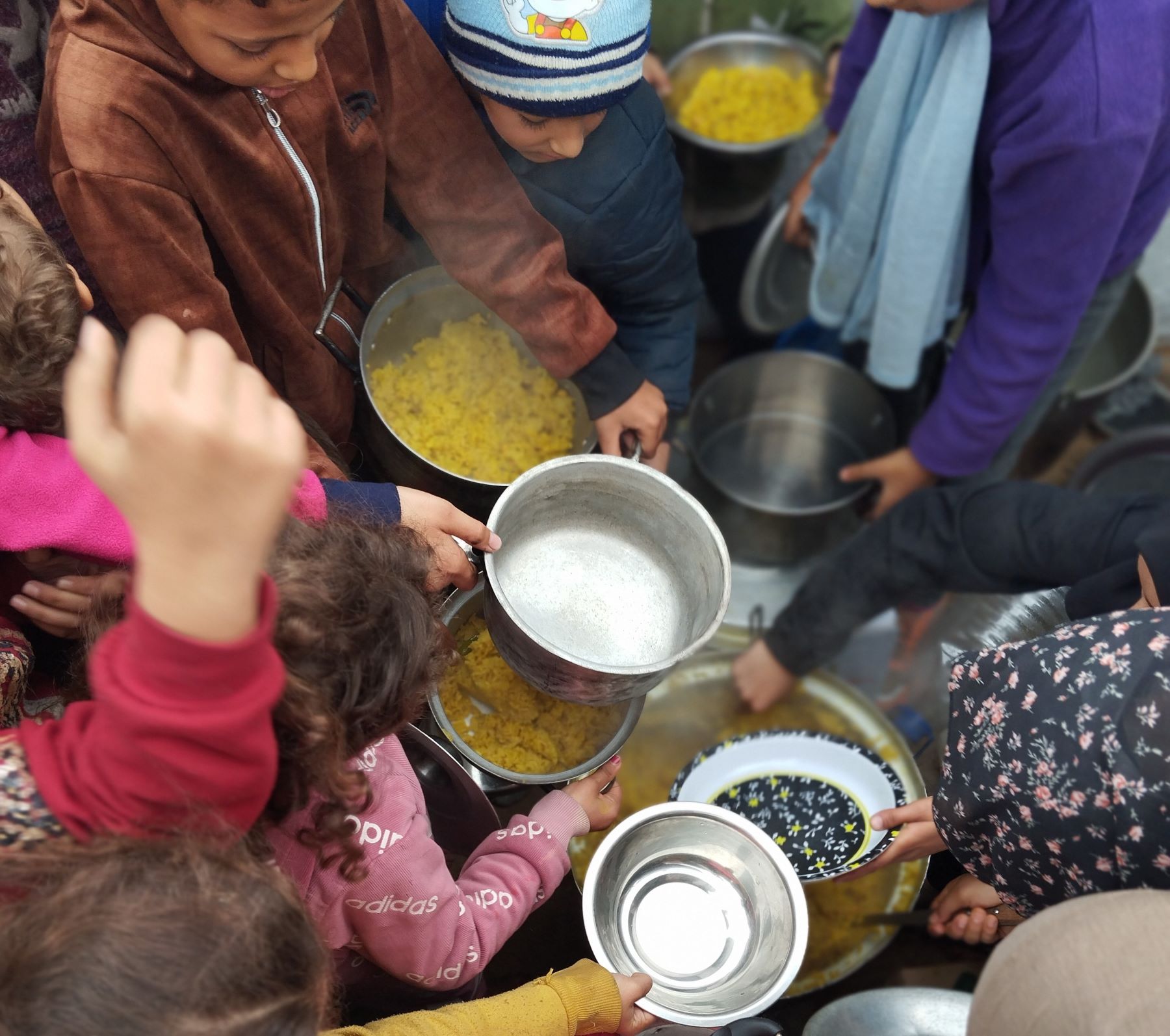 Crianças palestinas recebem comida em Gaza: risco da fome e a crise humanitária generalizada (Foto: ActionAid Palestina)