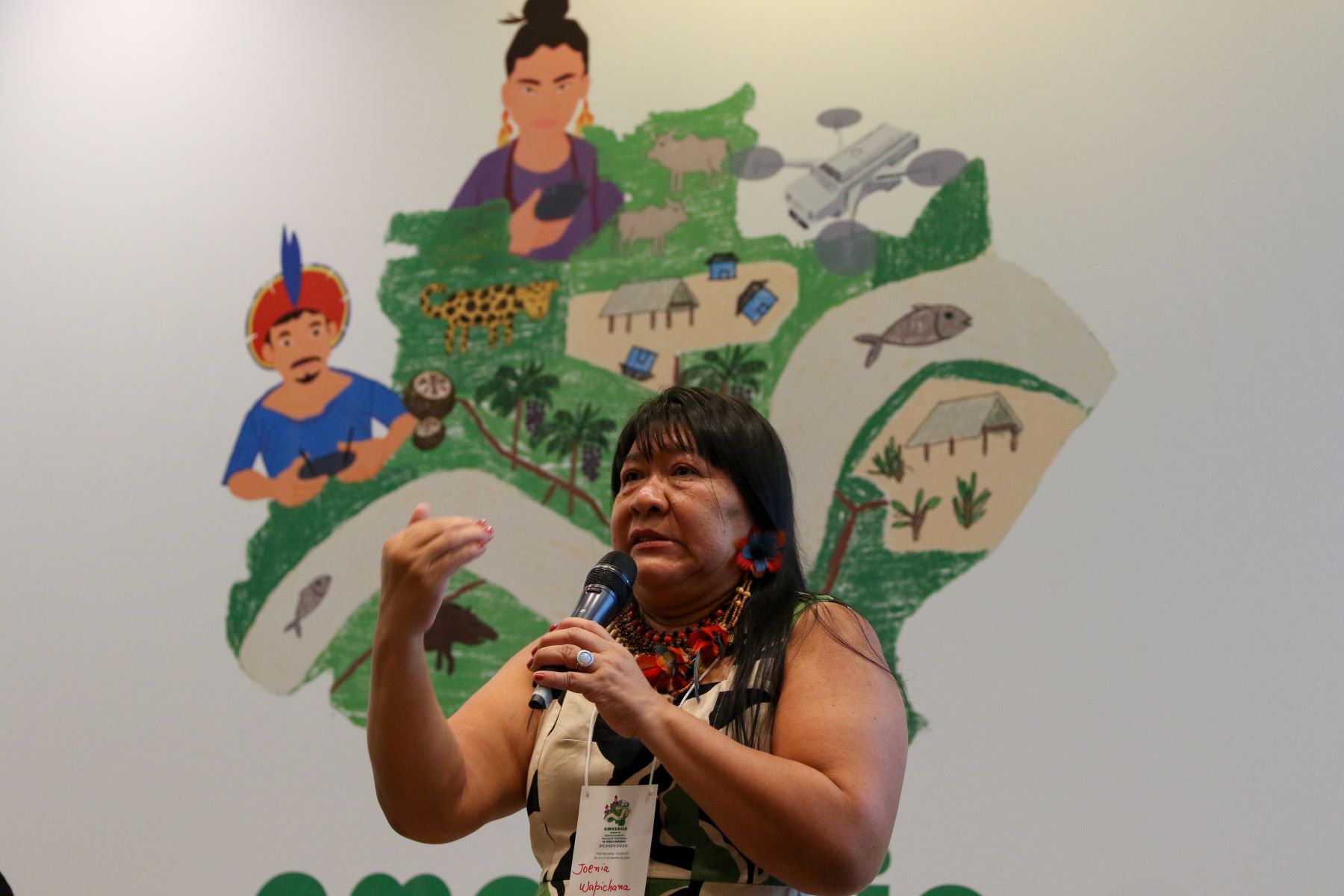 Joênia Wapichana, presidente da Funai, discursa em evento sobre proteção Territorial de Terras Indígenas: primeira mulher indígena deputada federal e primeira mulher indígena advogada (Foto: Fabio Rodrigues-Pozzebom / Agência Brasil - 19/09/2023)