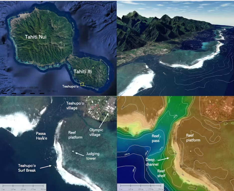 No alto, a localização da praia olímpica de Teahupo'o e o formato de corais e montanhas em torno; embaixo, a batimetria da área para o surfe e as barreiras de recifes na costa (Arte: Tom Shand/CC)