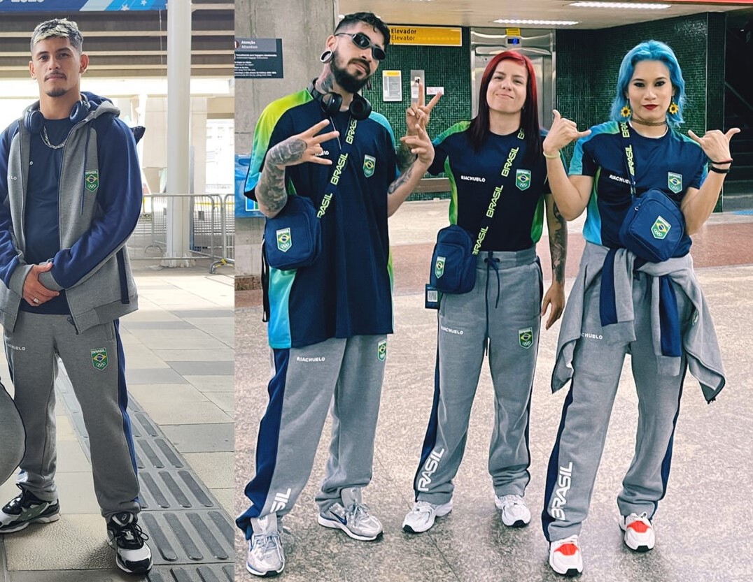 Os b-boys Leony e Rato e as b-grils Nathana e Mini Japa na chegada a Santiago da equipe brasileira para os Jogos Pan-Americanos 2023: breaking ganha novo status como esporte olímpico (Foto: CBDD)