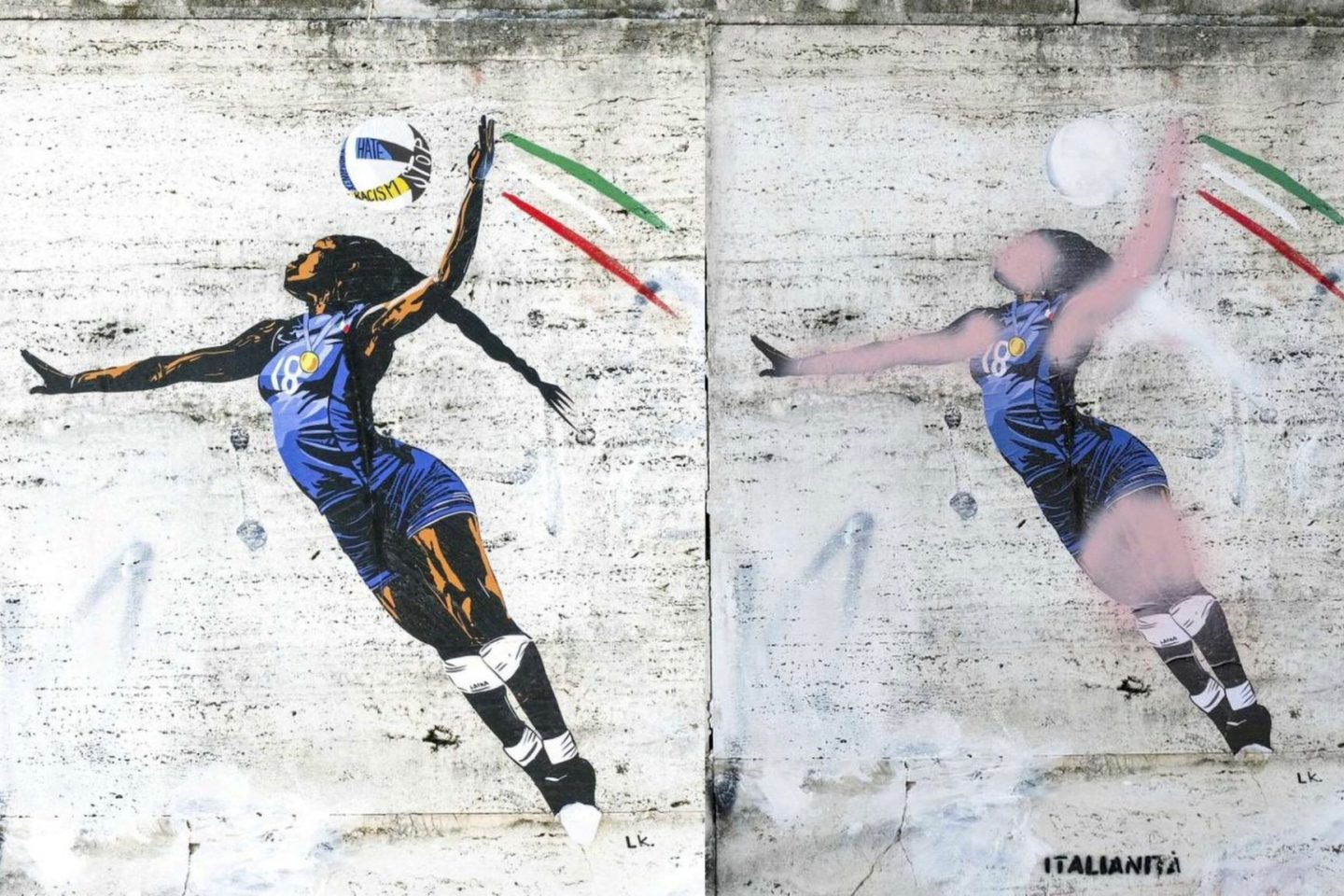 O mural em homenagem a campeã olímpica Paola Egonu antes e depois de ser vandalizado: ataque racista reacende debate sobre raça e cidadania na Itália (Reprodução)