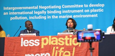 "Menos plásticos, mais vida" era a mensagem na entrevista do ganense Sam Abu-Kami e da chilena Alejandra Parra em Busan: negociações para acordo contra poluição plástica fracassa (Foto: UNEP/Bingying Liu)