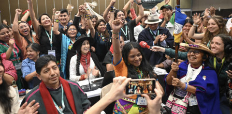 Membros de comunidades indígenas de diferentes países festejam a criação do órgão subsidiário que os representa na Convenção sobre Diversidade Biológica da Cúpula COP16, em Cali, na Colômbia. Foto Joaquin Sarmiento/AFP