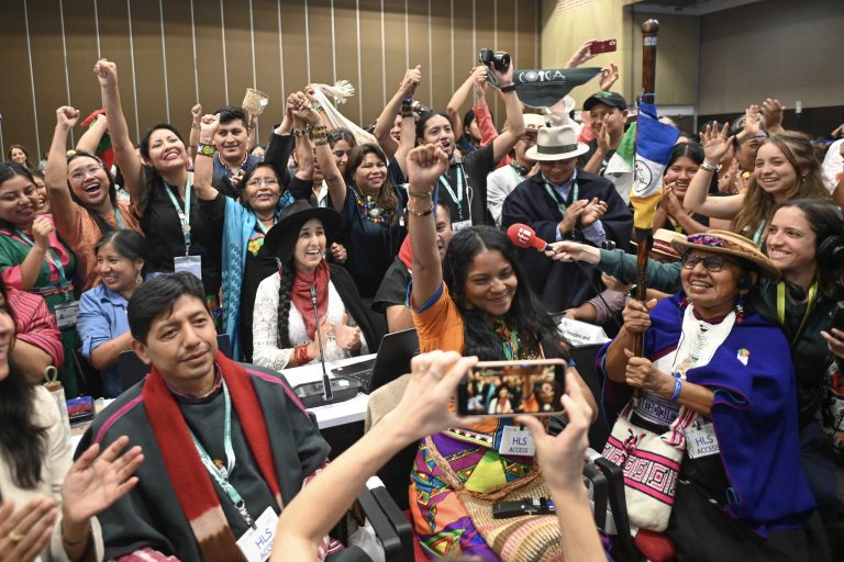 Membros de comunidades indígenas de diferentes países festejam a criação do órgão subsidiário que os representa na Convenção sobre Diversidade Biológica da Cúpula COP16, em Cali, na Colômbia. Foto Joaquin Sarmiento/AFP