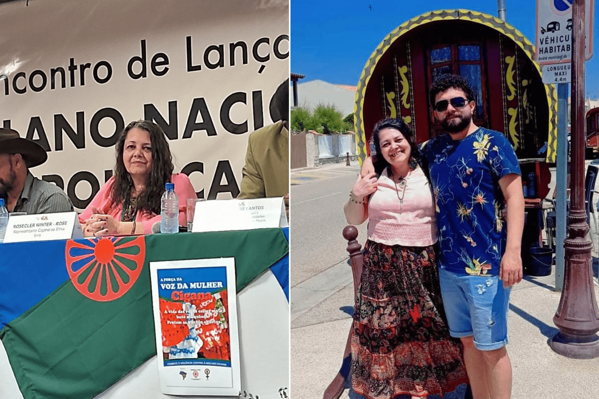 Fotos coloridas de Rose Winter. Na imagem da esquerda, ela aparece em mesa durante o lançamento do Plano Nacional de Política para os Povos Ciganos. Ela é uma mulher branca, com cabelos pretos ondulados. Na imagem da direita, ela aparece ao lado do filho Kim, um homem branco de cabelos e barba preta