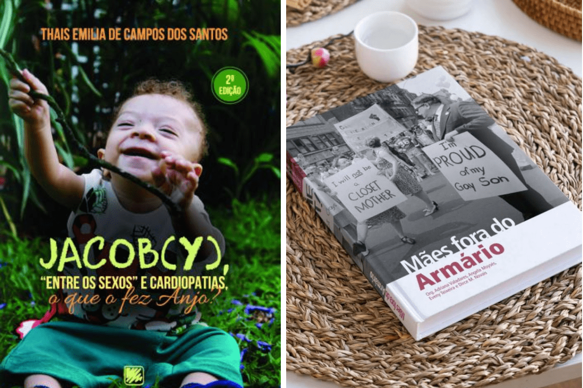 Foto colorida dos livros Jacoby e Mães Fora do Armário. Na foto da esquerda, capa do livro Jacoby com foto da criança intersexo de Thais Emília. Na direita, o livro, com uma capa com pessoas em uma manifestação, está sobre uma mesa