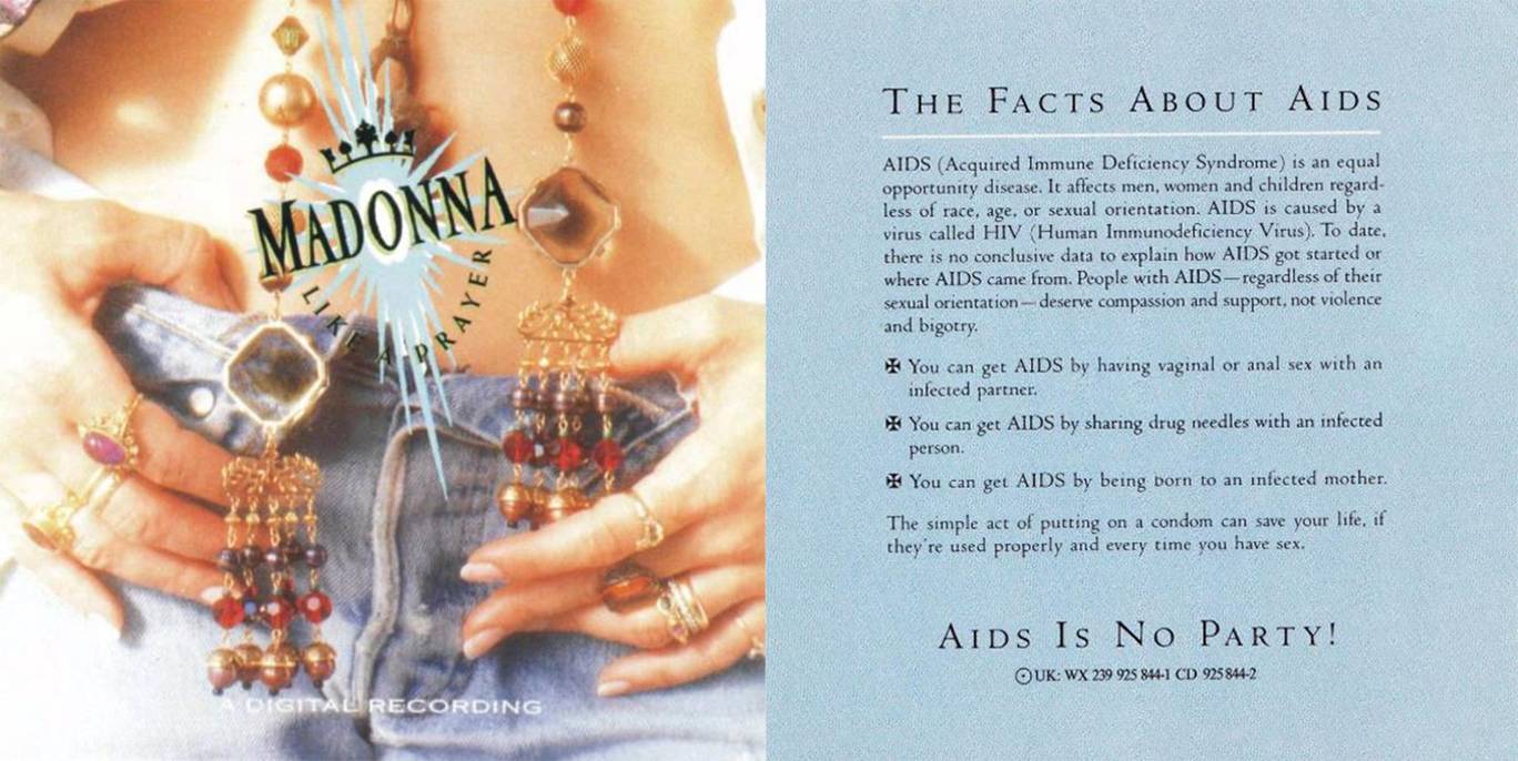 Encarte com informações sobre Aids/HIV no álbum Like a Prayer: Madonna fez doações para pesquisas e tratamento para a doença (Reprodução)