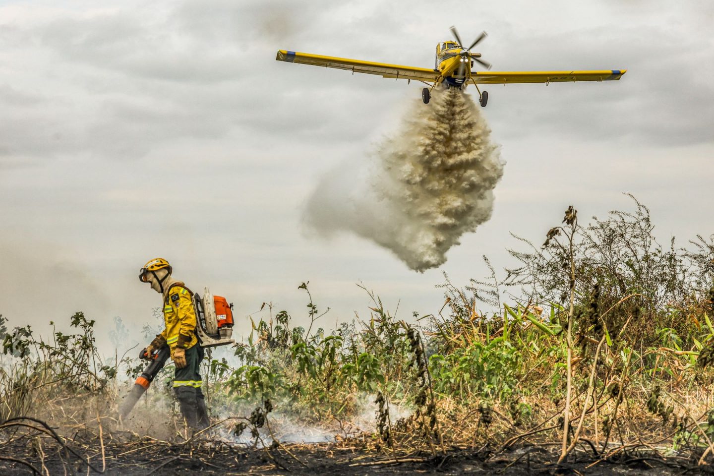 Foto colorida de brigadista e avião no combate a incêndio no Pantanal: riscos levam Brasil a decretar emergência ambiental (Foto: Marcelo Camargo / Agência Brasil - 18/06/2024)