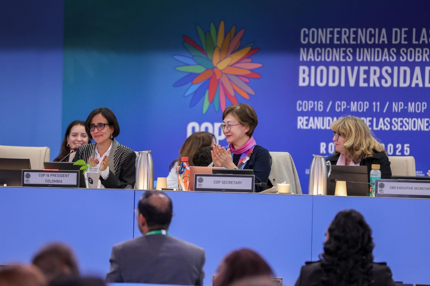 Susana Muhamad (esquerda), presidente da COP16 da Biodiversidade puxa aplausos para acordo aprovado em Roma: roteiro para chegar a US$ 200 bilhões anuais para proteger a natureza (Foto: Mike Muzurakis / IISD-ENB)