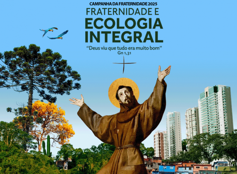 No cartaz da Campanha da Fraternidade 2025, a imagem de São Francisco entre a natureza e a cidade: ecologia como tema (Divulgação)
