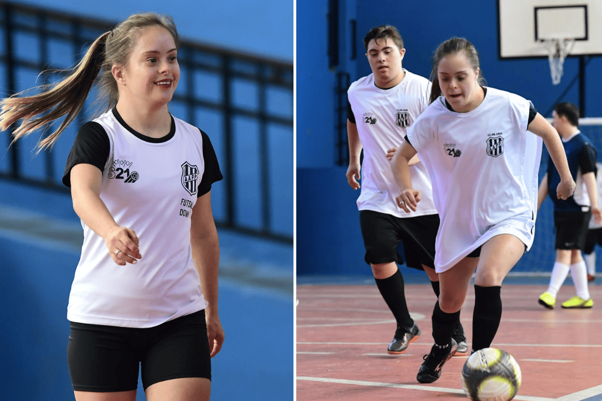 Duas fotos coloridas de Aryane em treinos da Ponte Preta. Na imagem da esquerda, ela sorri e olha para o lado. Na da direita, está conduzindo a bola na quadra