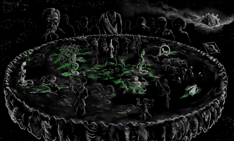 Arte colorida em preto, verde e branco com desenhos que remetem à covid-19