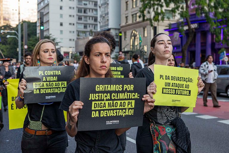 Protesto contra PL da Devastação em São Paulo: parecer mostra que PL 2159 é antítese da solução para o licenciamento ambiental (Foto: Greenpeace Brasil / Victor Bravo - 01/06/2025)