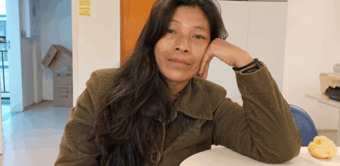 Foto colorida de Patrícia Ferreira Ixapy. Ela é uma mulher indígena guarani de cabelos pretos, lisos e longos. Ela usa um casaco marrom e está com o braço esquerdo apoiado em uma mesa. Ao fundo, armário e parede branca