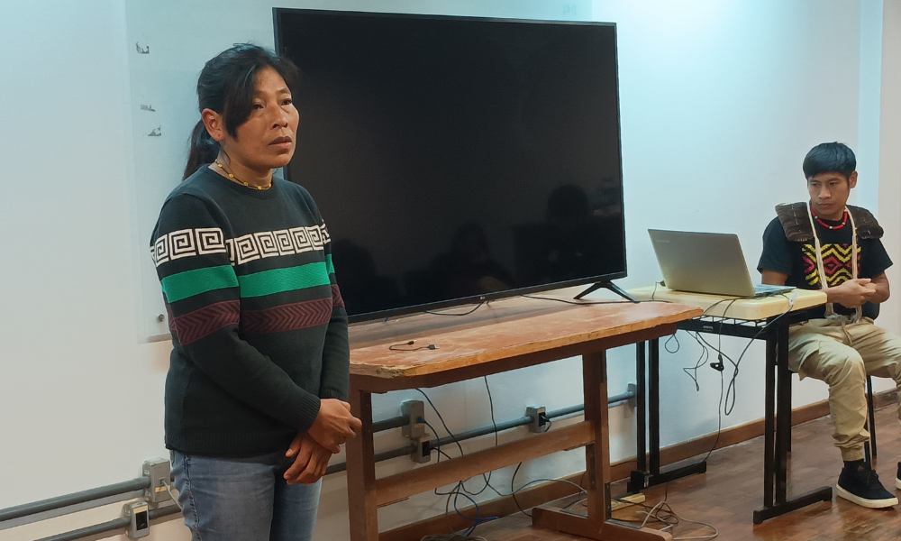 Foto colorida de Patrícia Ferreira durante exibição do longa "Desterro Guarani" em sala da UFSM. Patrícia está de pé e com os braços cruzados a frente do corpo, enquanto fala. Ao seu lado, aparece uma TV e ao fundo parede branca