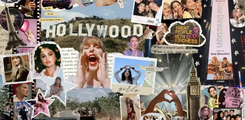 Montagem colorida com diversas imagens de artistas como Taylor Swift e outras cantoras; imagens de shows e de fãs