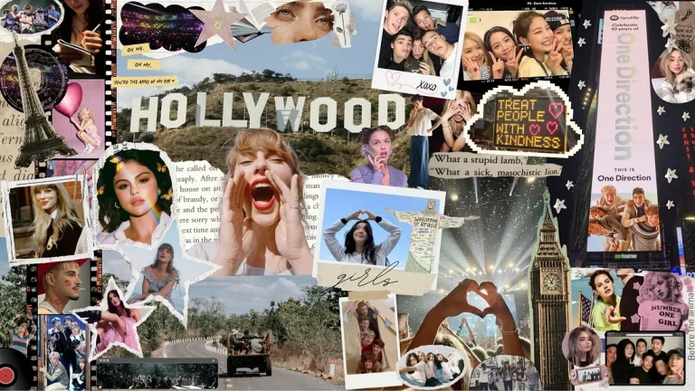 Montagem colorida com diversas imagens de artistas como Taylor Swift e outras cantoras; imagens de shows e de fãs