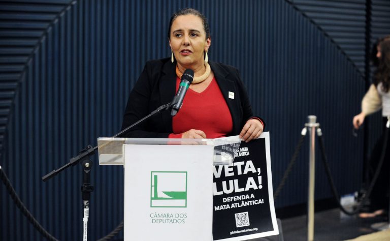 No lançamento da Agenda Legislativa do Observatório do Clima, Malu Ribeiro, da SOS Mata Atlântica, discursa com cartaz pedindo o veto o PL da Devastação: Congresso tem pelo menos 46 projetos em tramitação com graves retrocessos ambientais (Foto: Renato Araújo/Câmara dos Deputados)