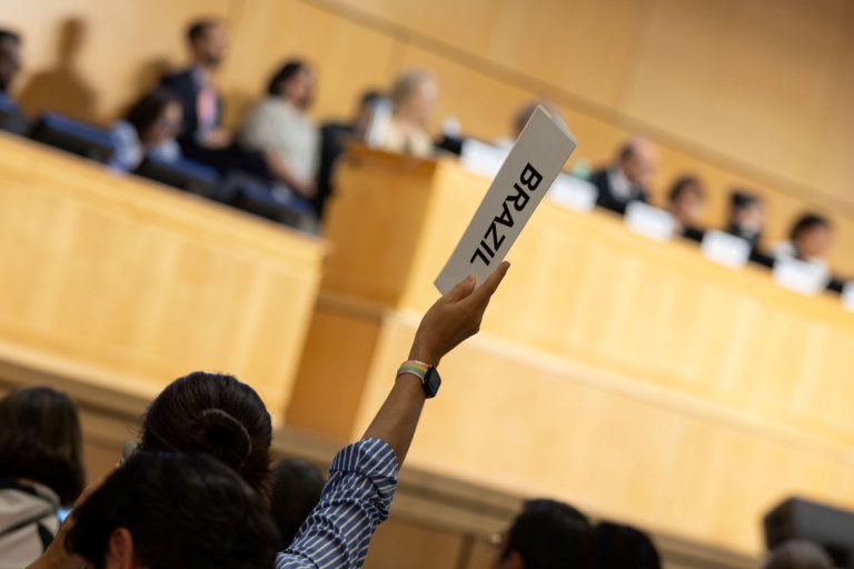 Manifestação da delegação brasileira durante a fracassada discussão sobre tratado contra poluição plástica: império do petróleo contra-ataca (Foto: Kiara Worth / IISD/ENB - 13/08/2025