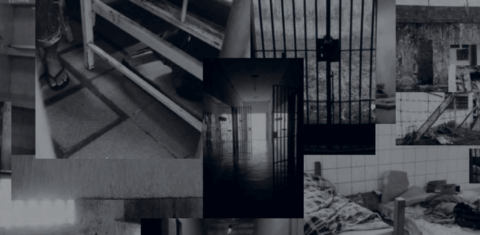 Colagem com diversas fotos de manicômios judiciários em preto e branco. Imagens mostram locais com condições precárias