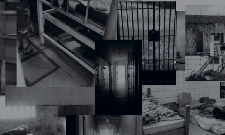 Colagem com diversas fotos de manicômios judiciários em preto e branco. Imagens mostram locais com condições precárias