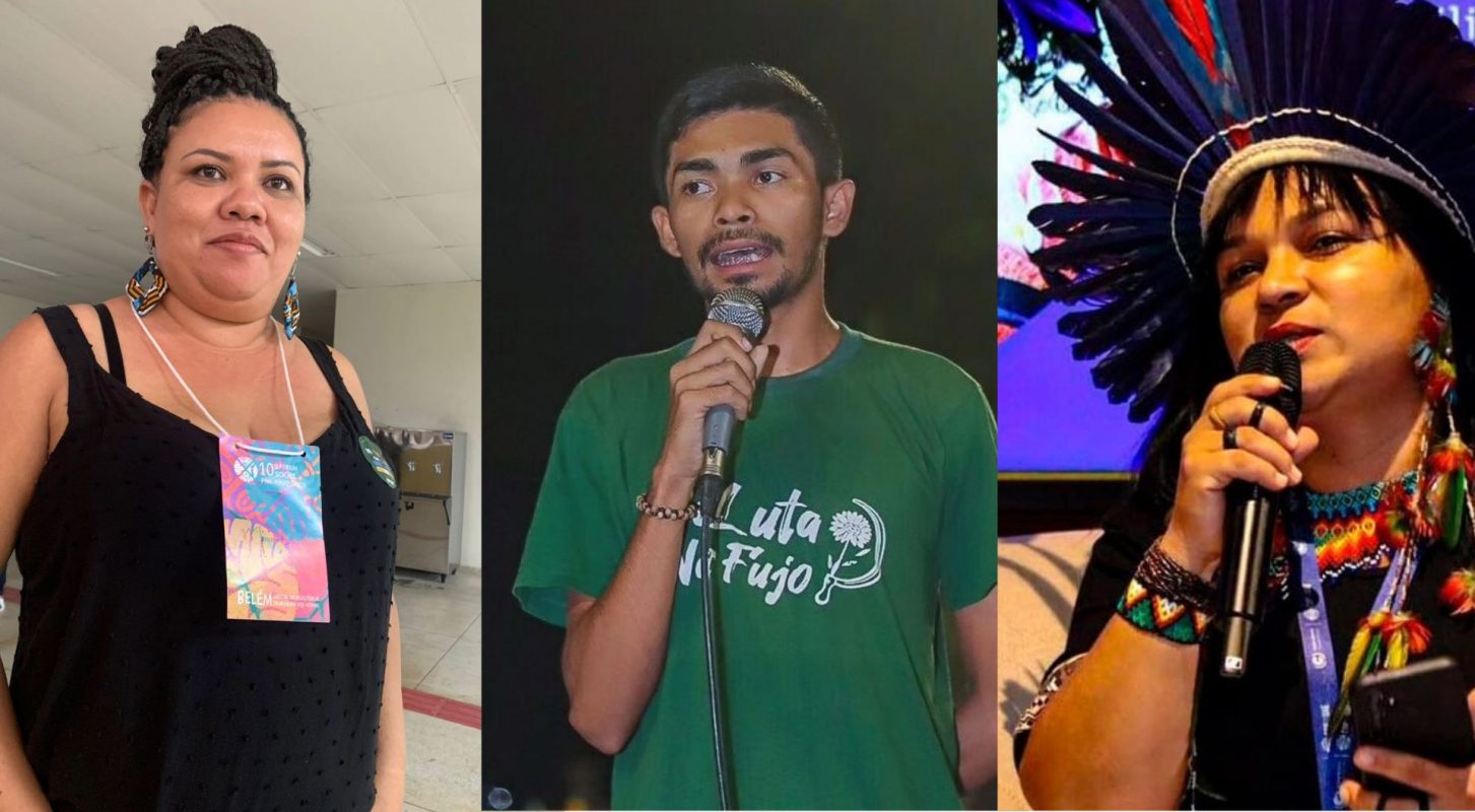 Os ativistas paraenses Miriane Coelho, Darlan Neres e Auricélia Arapiun: defensores de direitos ambientais e territoriais vivem sob ameaça no estado da COP30 (Fotos: Reproduções das Redes Sociais)