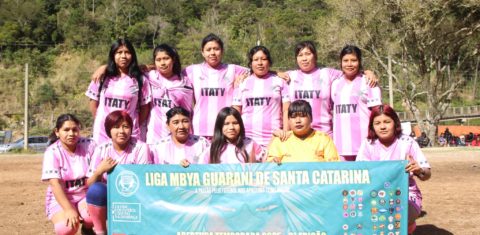 Foto colorida das atletas da Kunhangue Itaty reunidas para foto oficial antes de partida. Elam usam uniforme rosa e seguram uma faixa da Liga Mbya Guarani de Santa Catarina