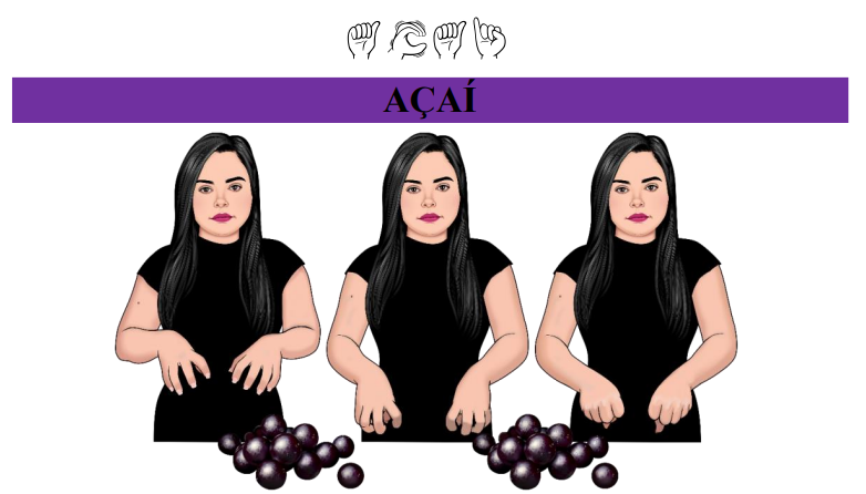 Captura de tela colorida de ilustrações do sinal de açaí. Na imagem, aparece o avatar de uma mulher branca de cabelos pretos, sinalizando açaí em Libras. 