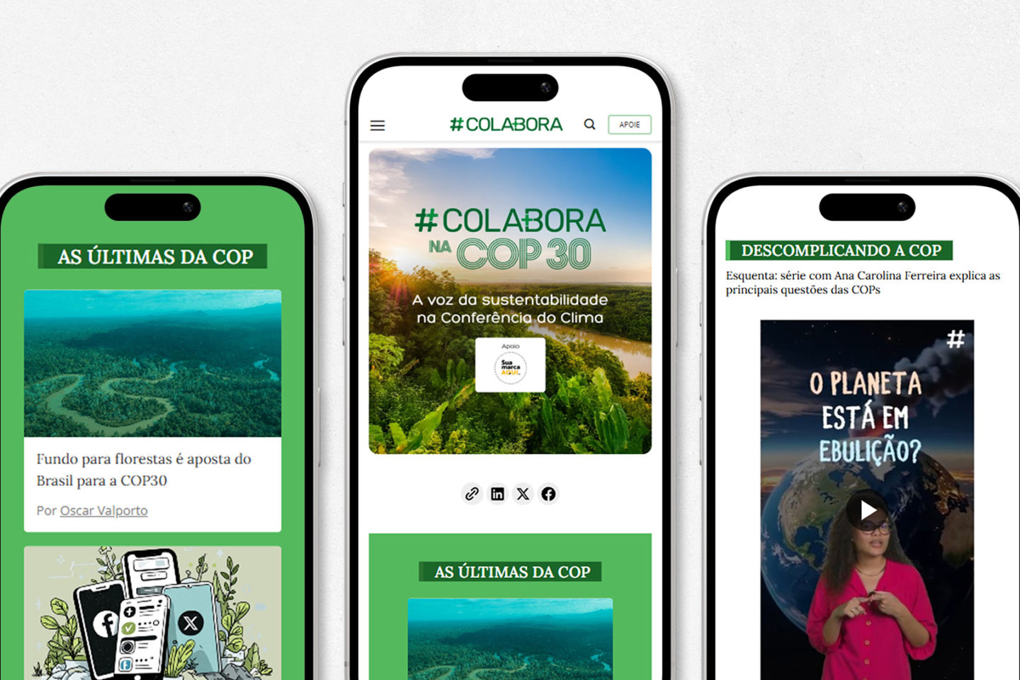 Arte colorida com prints da página especial de cobertura da COP30 pelo #Colabora