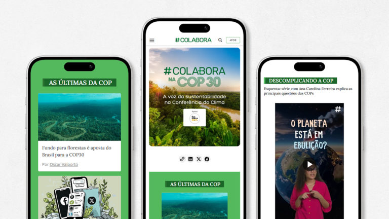 Arte colorida com prints da página especial de cobertura da COP30 pelo #Colabora
