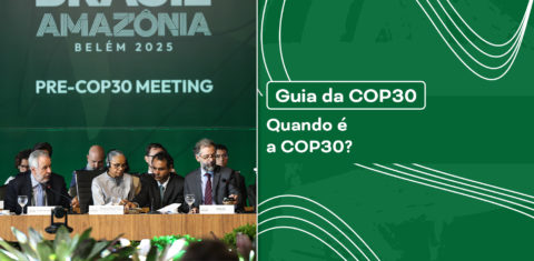 Reunião preparatória da COP30 com autoridades sentadas em mesa de conferência, em Belém do Pará, com painel ao fundo escrito “Pre-COP30 Meeting”.