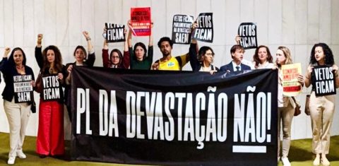 Ambientalistas protestam no Congresso contra o PL da Devastação: derrubada dos vetos destroça licenciamento ambiental (Foto: Thiago Vilela / ISA)