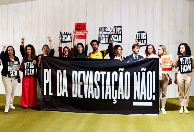 Ambientalistas protestam no Congresso contra o PL da Devastação: derrubada dos vetos destroça licenciamento ambiental (Foto: Thiago Vilela / ISA)