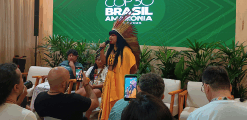 Foto colorida da deputada Célia Xakriabá. Ela está usando um vestido amarelo e um cocar amarelo com vermelho. Ela é uma mulher indígena com cabelos pretos e segura um microfone. Ao fundo, painel verde com logo da COP30