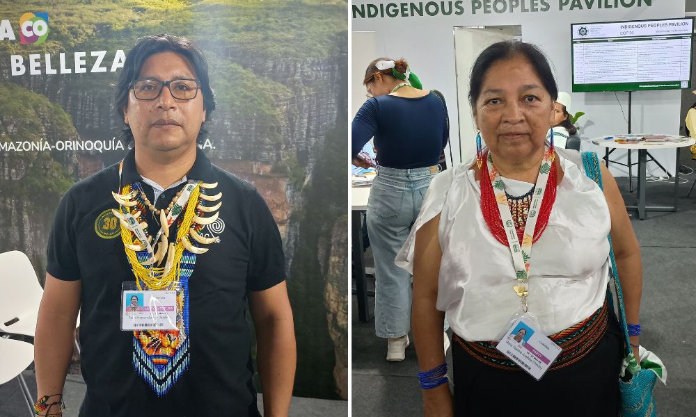 Montagem colorida com duas fotos. Na esquerda, aparece Pablo Hernan Jamioy Juajiboy. Um indígena colombiano de cabelos pretos e na altura do ombro que usa uma camiseta preta e colares tradicionais. Na direita, María Pastora Juajiboy Chindo, uma indígena de cabelos pretos enrolados. Ela usa uma camisa branca, com detalhes em vermelho
