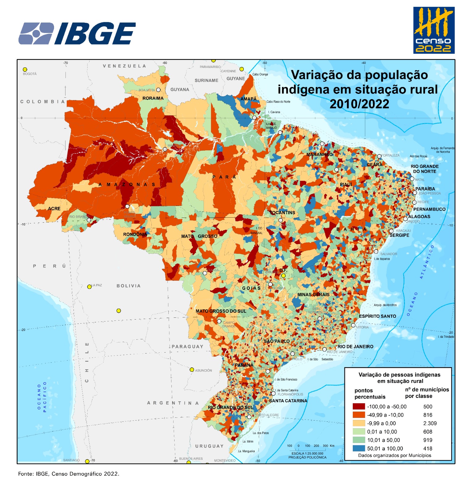 Variação da população indígena rural entre 2010 e 2022: hoje mais da metade (53,97%) da população indígena já reside em áreas urbanas (Mapa: IBGE)