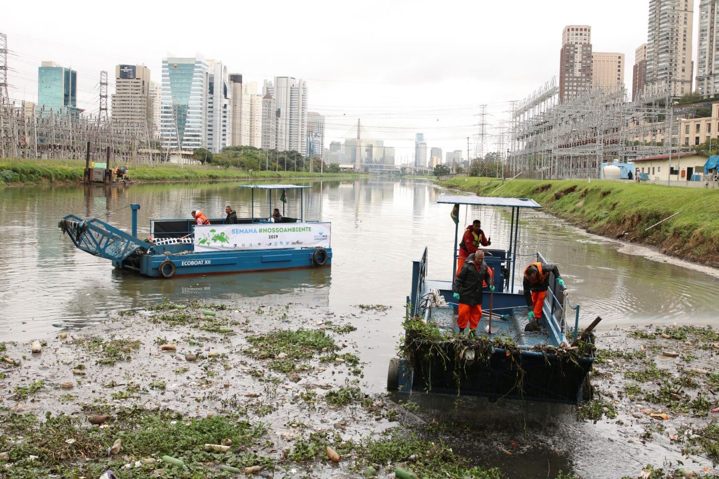 Tentativa de limpeza no Rio Pinheiros, com péssima qualidade de água: Estudo da Fundação SOS Mata Atlântica mostra que a qualidade da água dos rios teve ligeira piora em 2024 (Foto: Rovena Rosa / Agência Brasil - 05/06/2019)