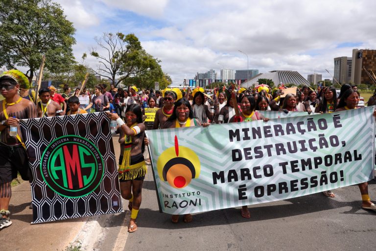 Indígenas do 21º Acampamento Terra Livre (ATL 2025) fazem marcha em Brasília: livro mostra movimento indígena da resistência à ditadura às lutas atuais (Foto: Fabio Rodrigues-Pozzebom/ Agência Brasil - 08/04/2025)