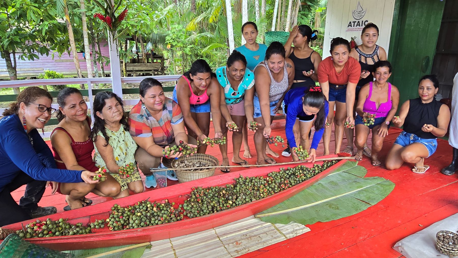 Mulheres da Ataic com os frutos da Amazônia (ucuuba, tucumã, patauá e murumuru): óleos para setor de cosméticos (Foto: Anderson Águia / Natura / WEG)