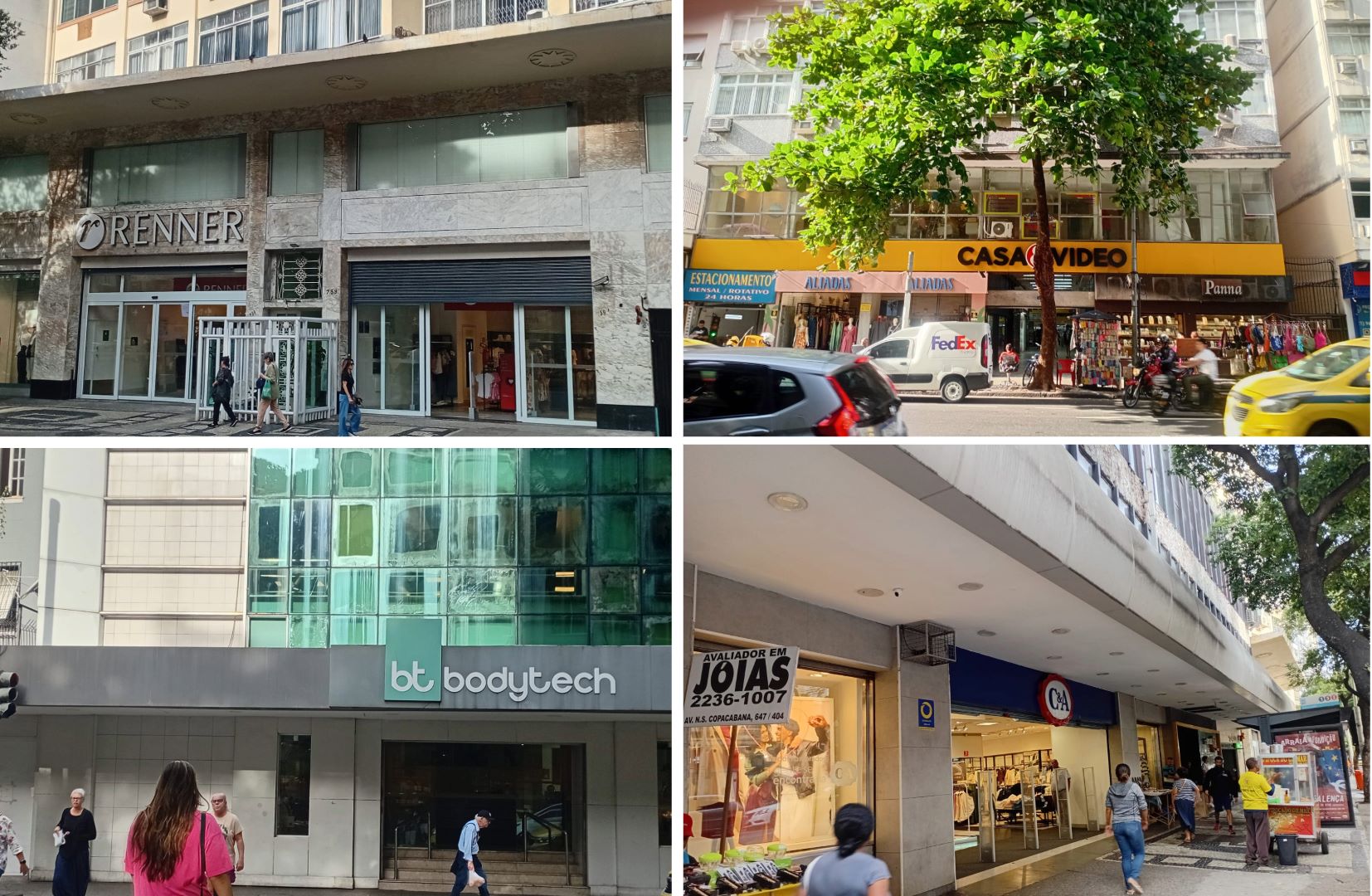No alto, loja de roupas onde era o Art-Palácio e loja de eletrodomésticos na galeria do Condor; embaixo, academia onde era o Cine Copacabana e lojas onde ficava o antigo Cinema Metro: inventário de cinemas desaparecidos (Fotos: Oscar Valporto)