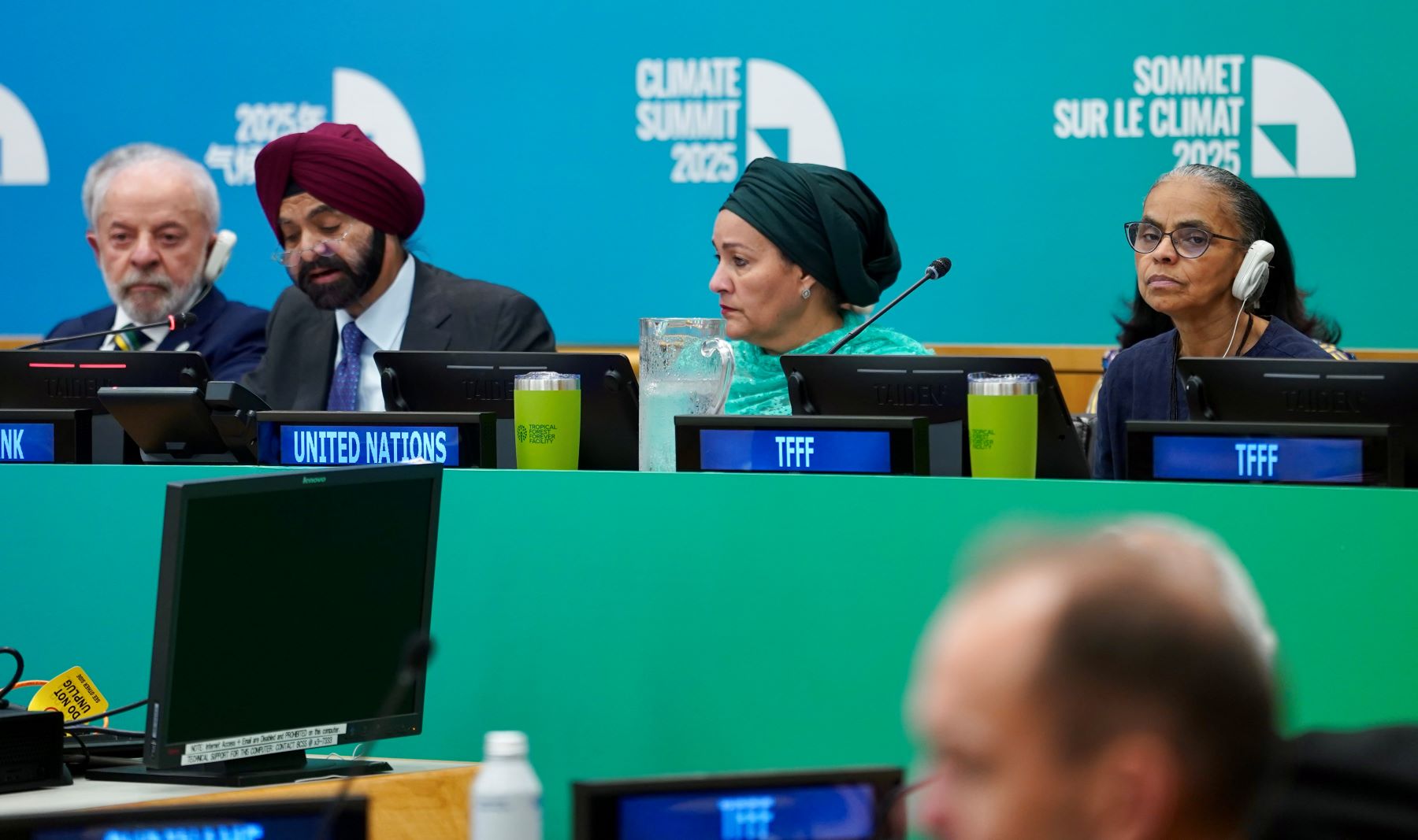 Lula e Marina, com representantes da ONU e do Banco Mundial, no evento do Fundo Florestas para Sempre em Nova York: aplicações no mercado financeiro para remunerar conservação ambiental (Foto: Fernando Donasci / MMA - 23/09/2025)