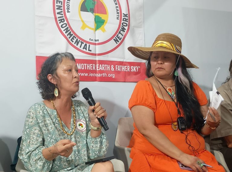 Foto colorida de Aakaluk, nome nativo de Adrienne La-Ree Blatchford. Ela é uma mulher indígena de cabelos curtos pretos e meio grisalhos. Ela está com um vestido verde e segura um microfone