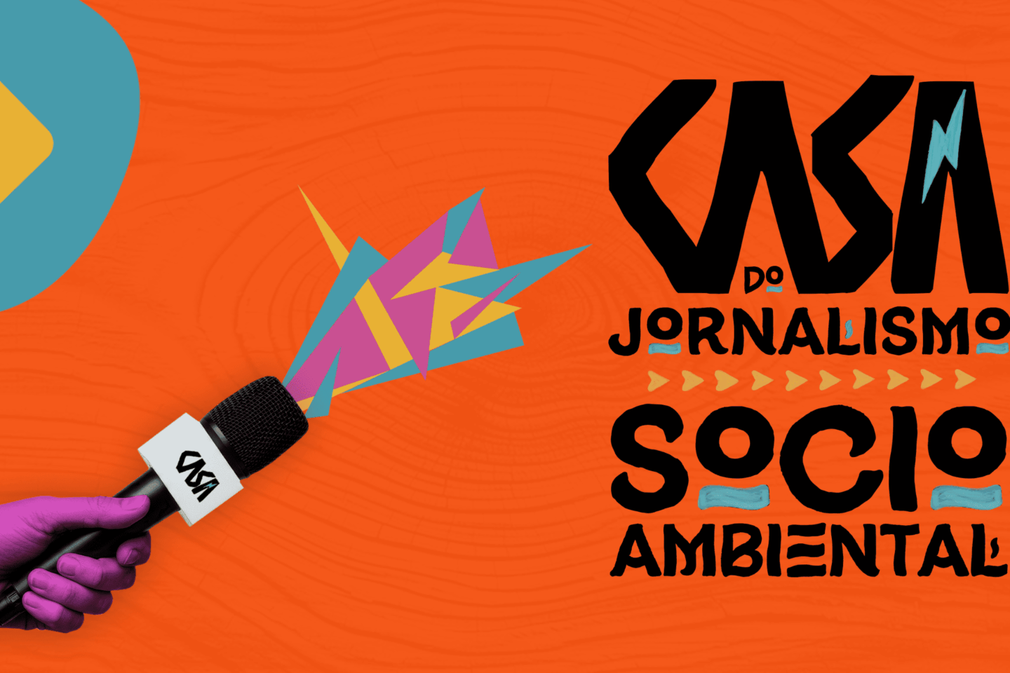 Arte colorida com fundo laranja e a logomarca da Casa do Jornalismo Socioambiental em letras pretas