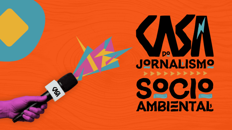 Arte colorida com fundo laranja e a logomarca da Casa do Jornalismo Socioambiental em letras pretas