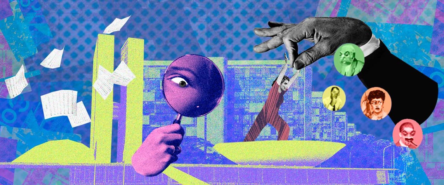 Arte colorida com fundo azul e desenho do Congresso, com lupa mostrando o rosto de uma mulher. Antifeminismo avança no Congresso