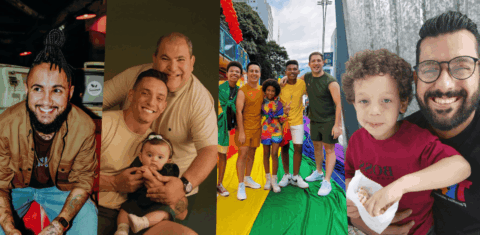 Colagem de quatro fotos coloridas de pais e famílias diversas. Paternidade