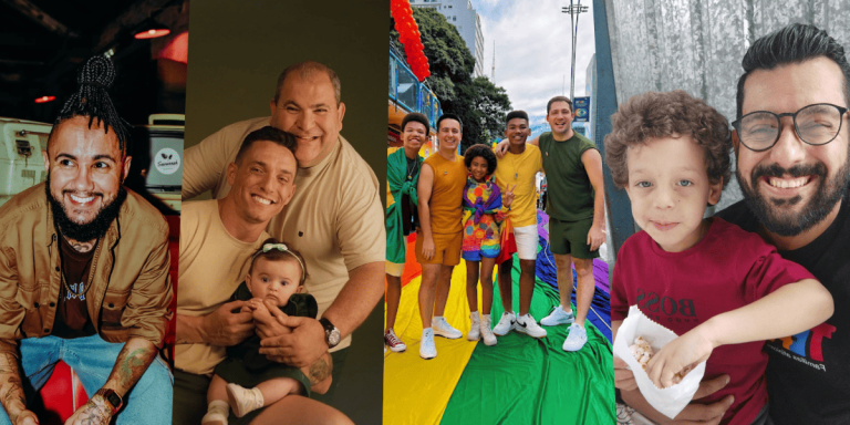 Colagem de quatro fotos coloridas de pais e famílias diversas. Paternidade